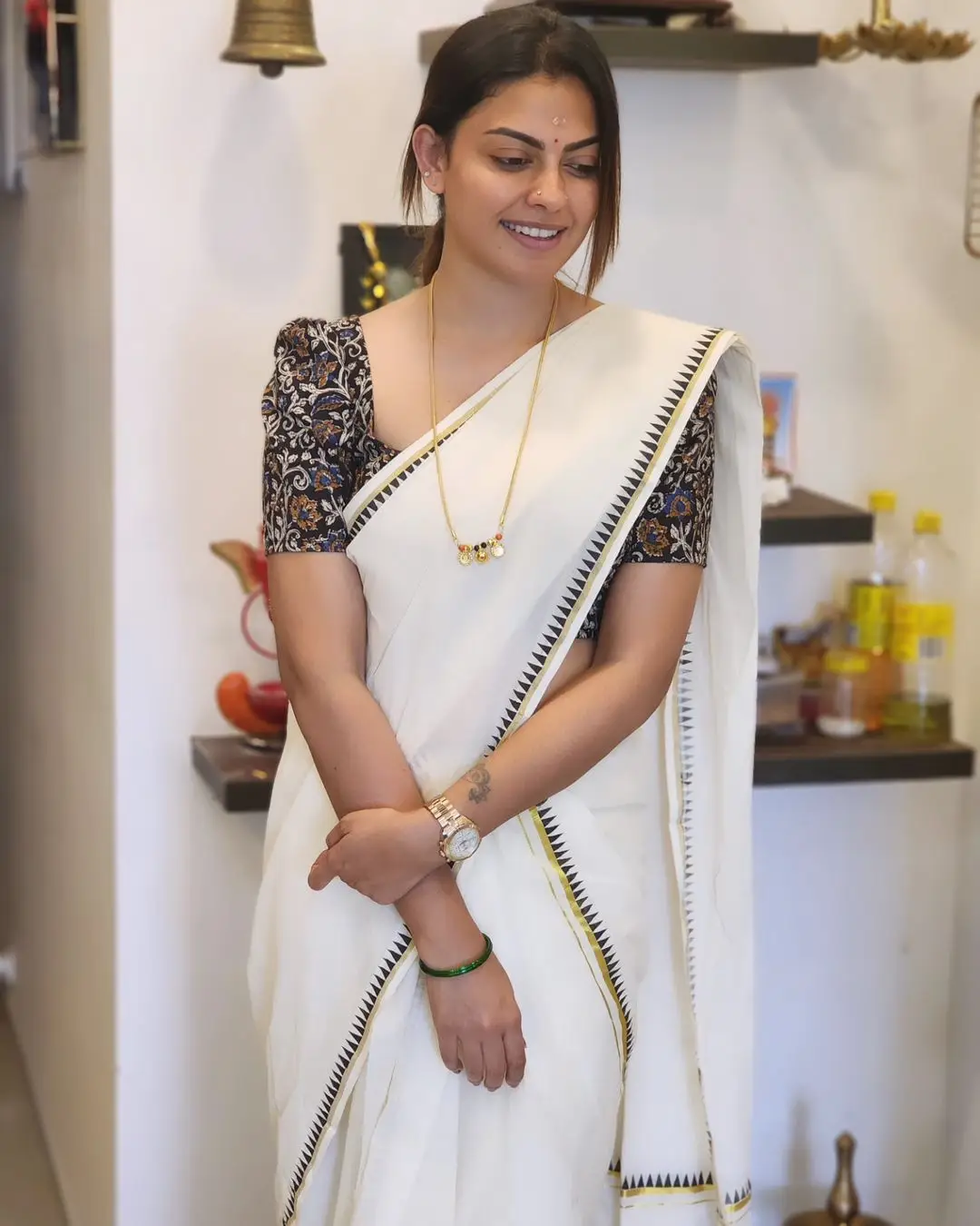 Anusree Nair In South Indian Traditional White Saree Black Blouse